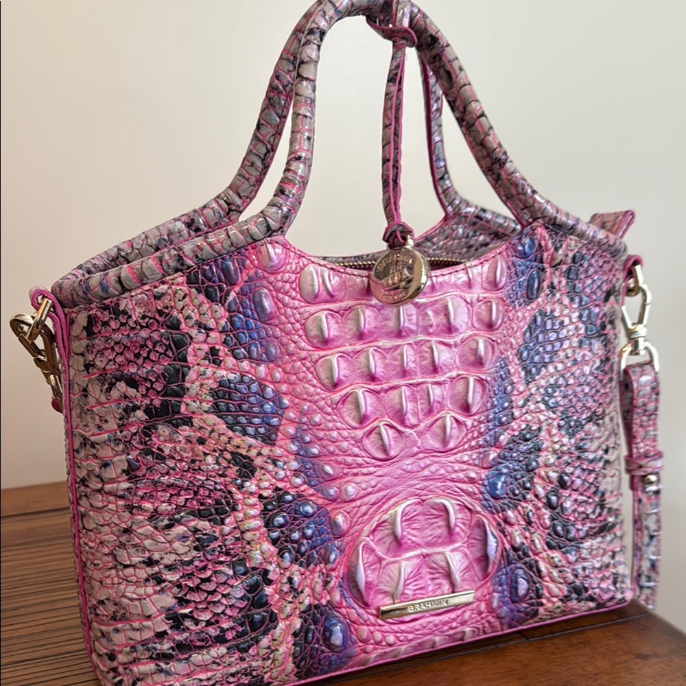 Brahmin Pink and Blue Crocodile Embossed Tote Bag